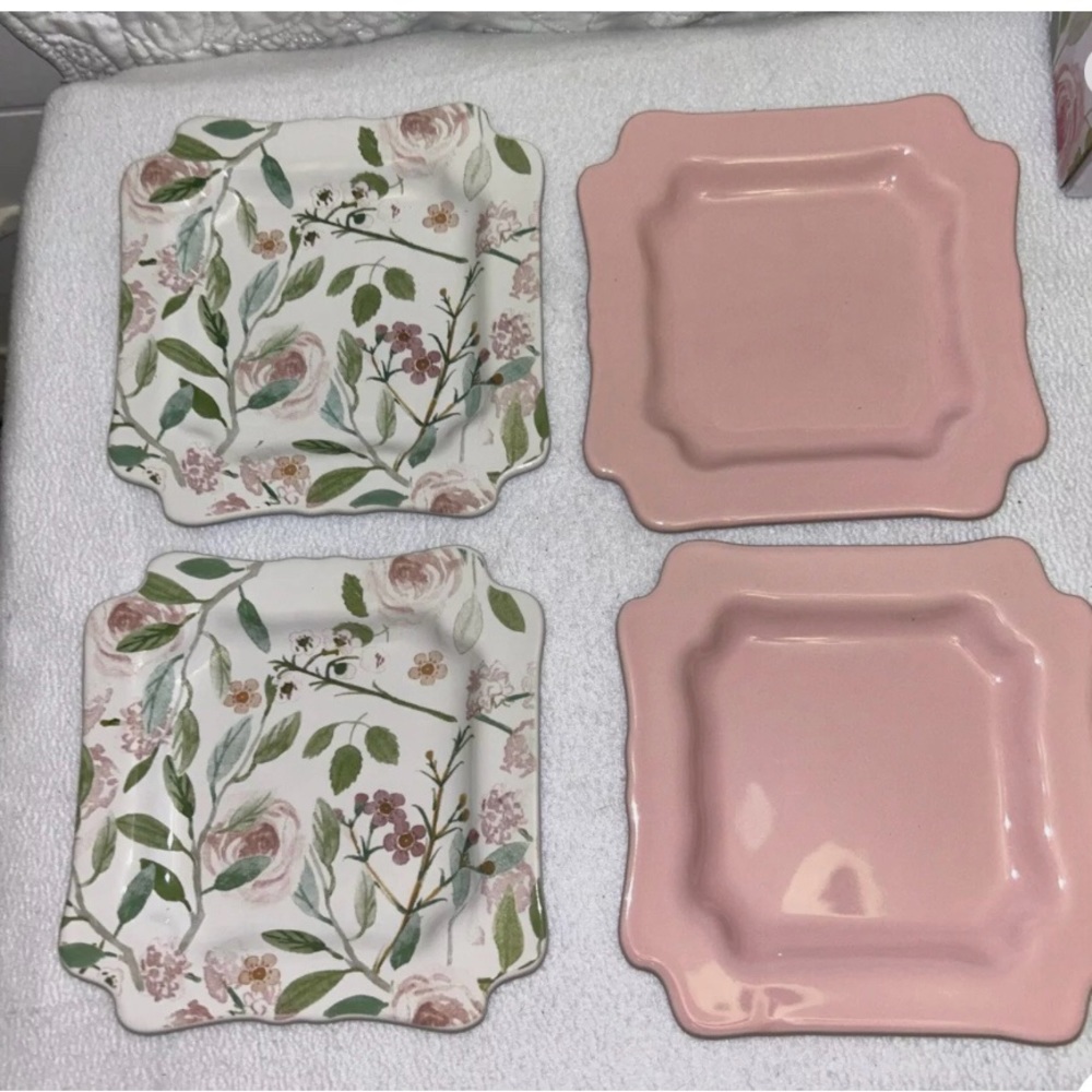 Sweet Laurel 6” Square Dessert Plate Set of 4 Pink & Floral Victorian Style